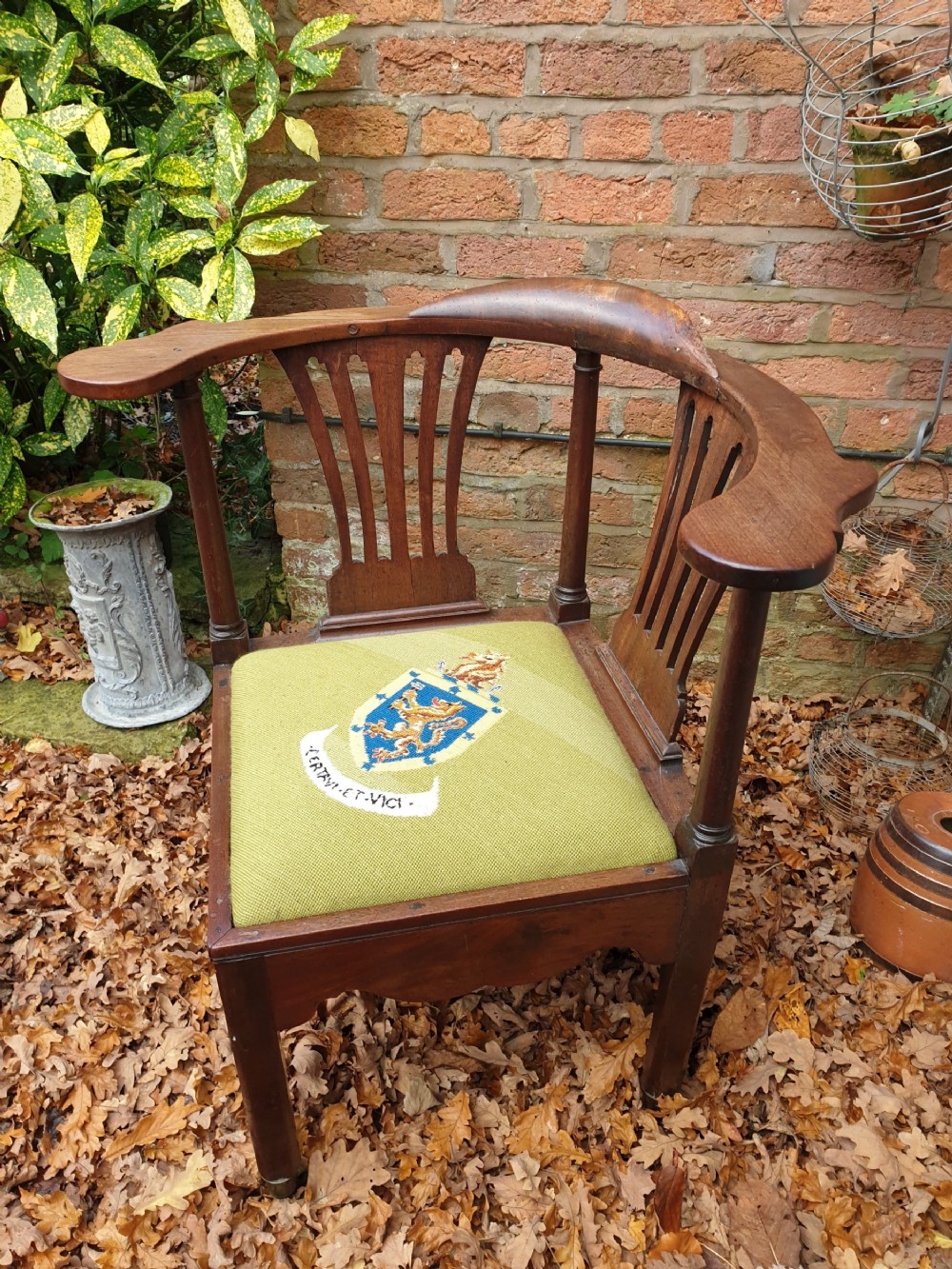 a rare george 11 large mahogany corner chair with armorial seat cover