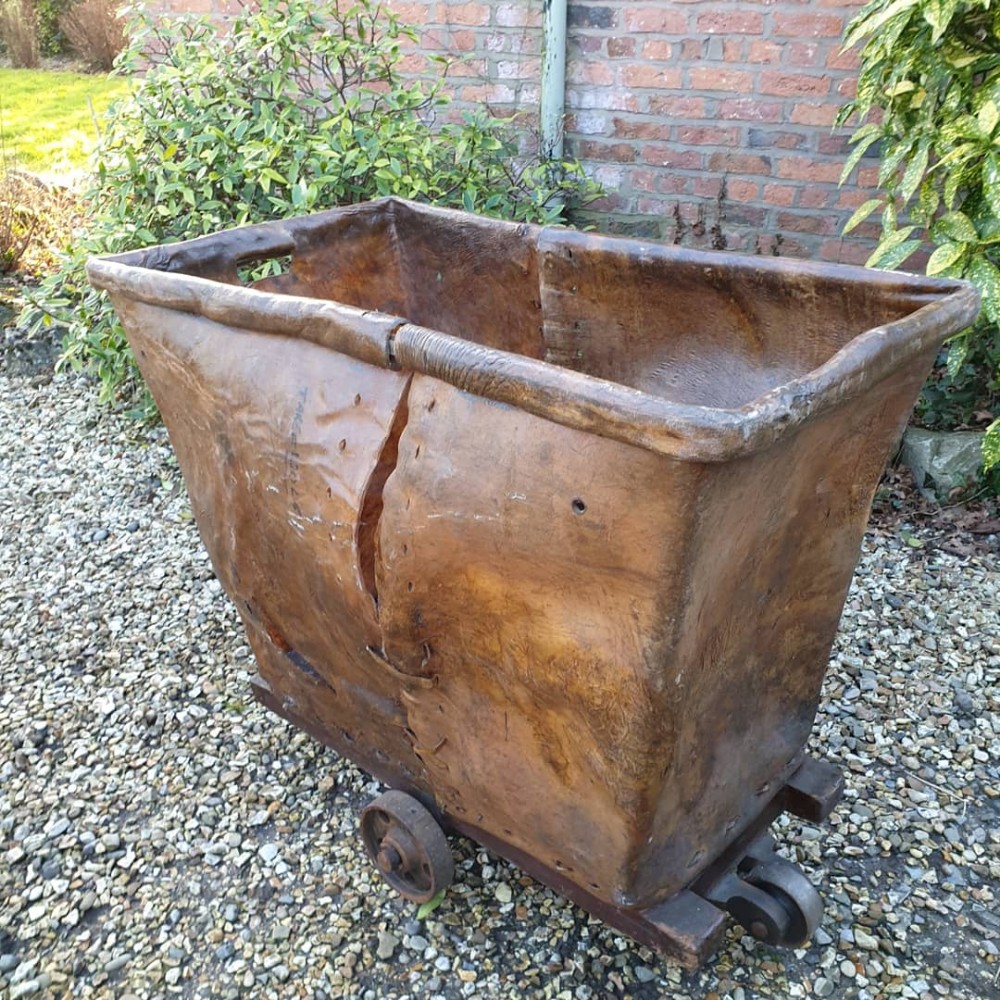 unusual 19thc country house leather laundry basket trolley