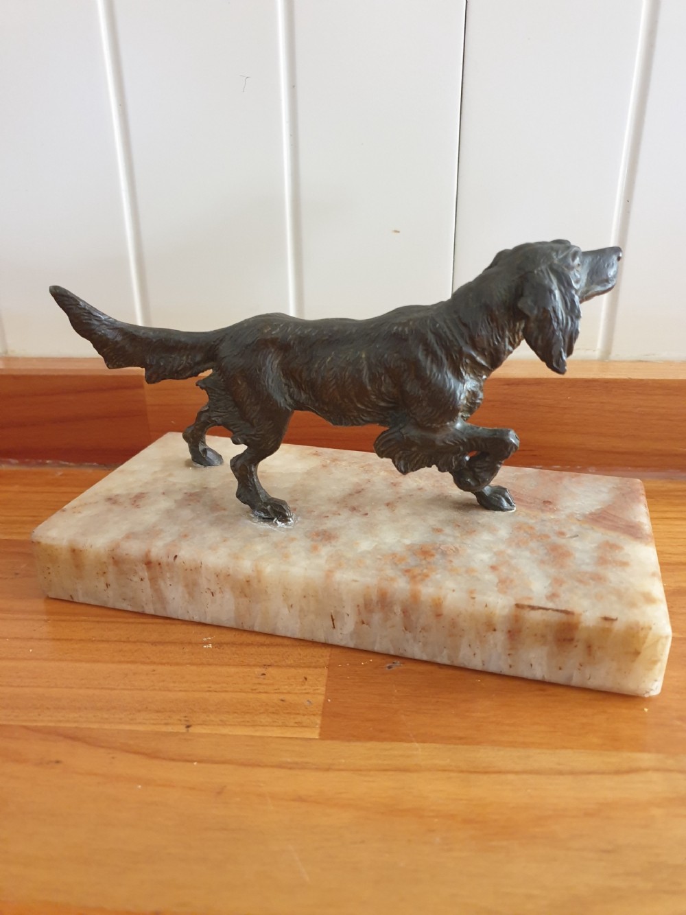 a super early 20thc bronze of a french pointer on marble base