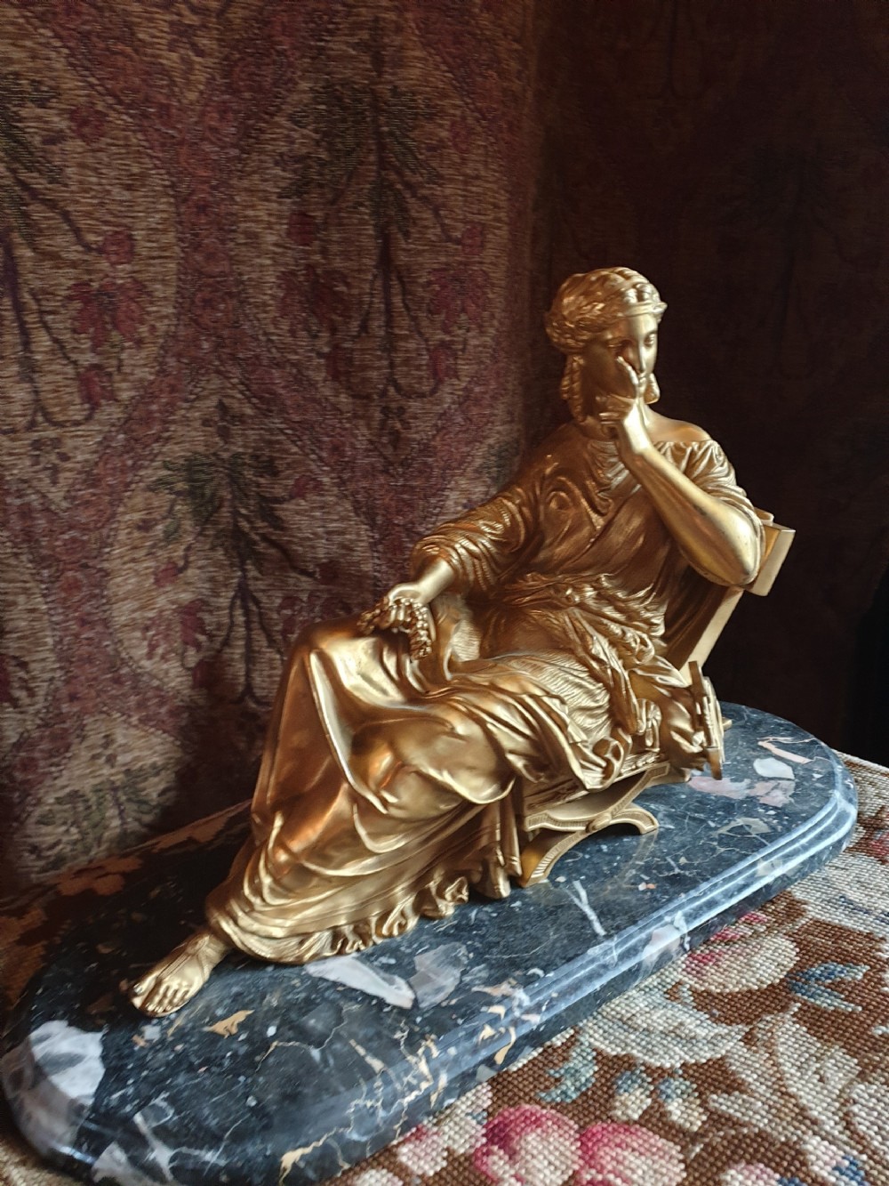 super 19thc gilded french bronze of a reclining harpist