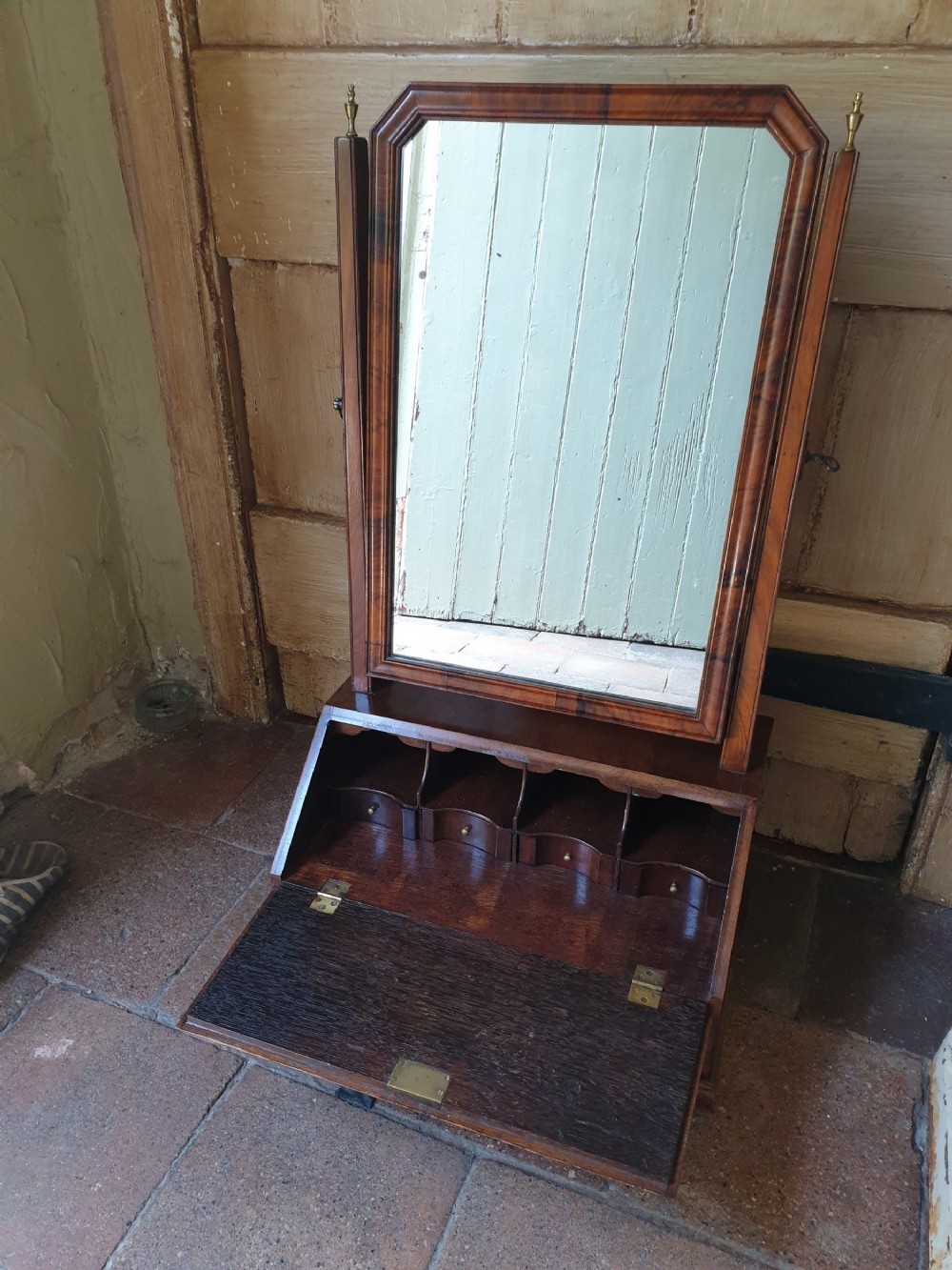 antique walnut dressing mirror with a bureau base