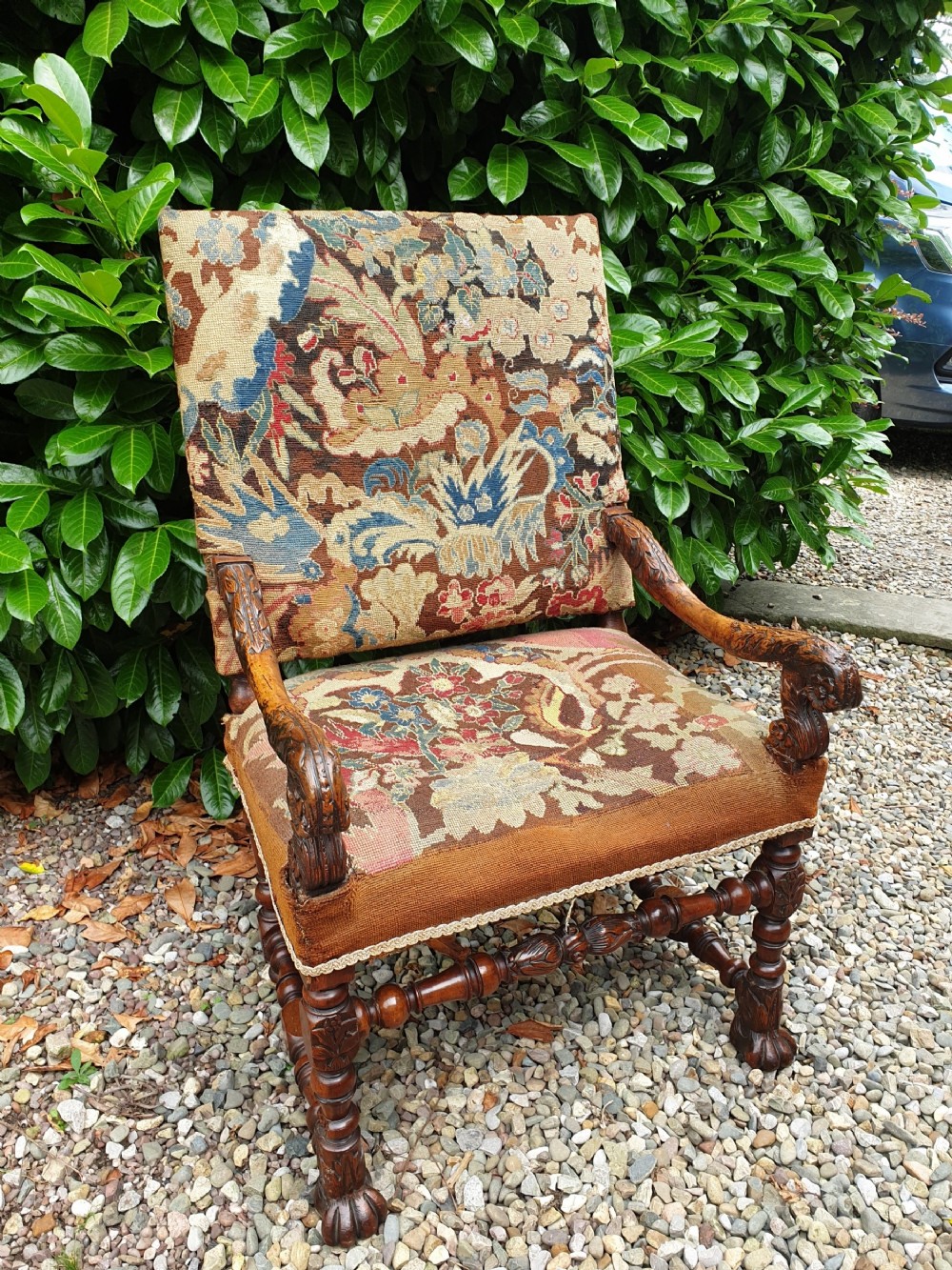 rare original l17thc walnut large armchair with antique tapestry covers