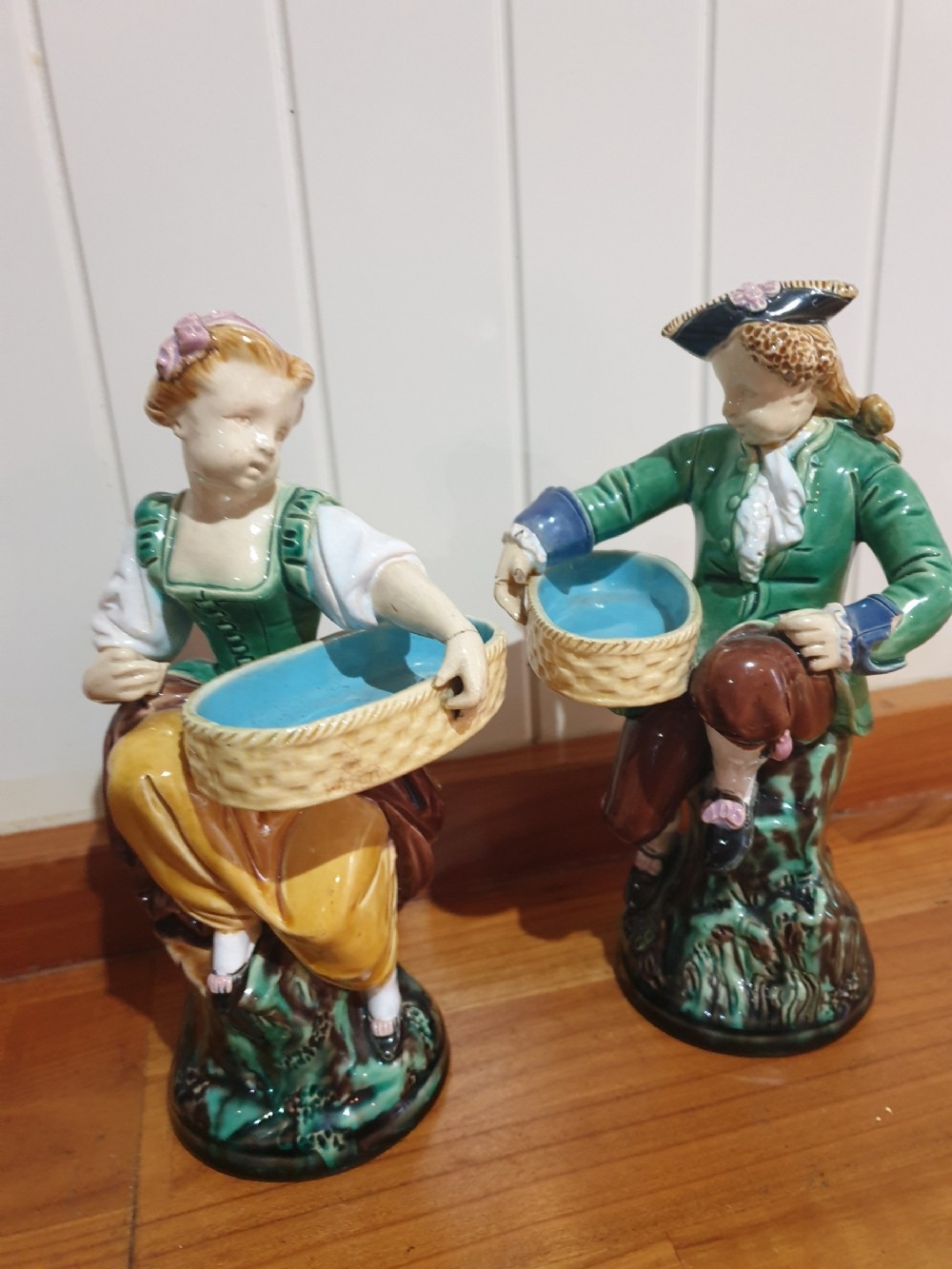 good pair of minton majolica figures fully marked with imperfections