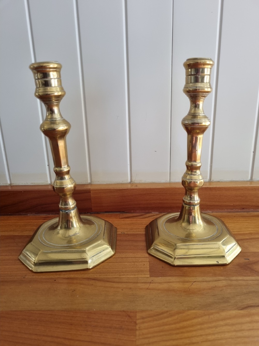 pair of georgian brass candlesticks with octagonal bases