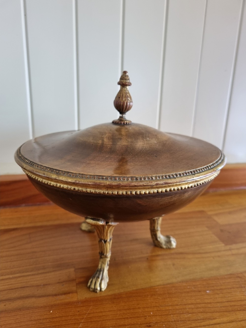 a rare treen 18thc metal mounted oval dish and cover
