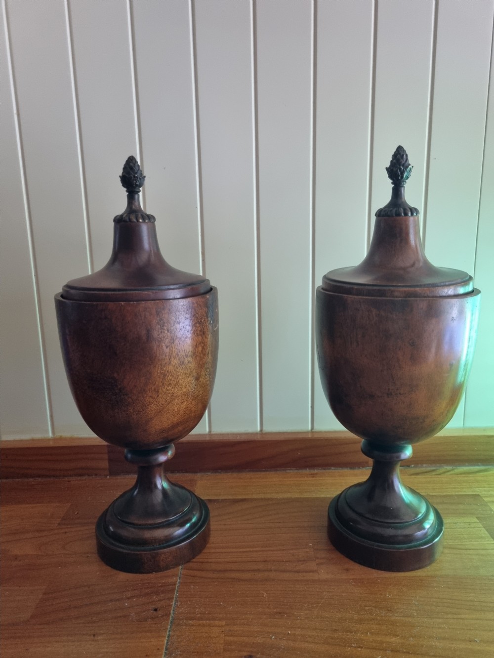 a large pair of 19thc treen goblets and covers with ormulu finials