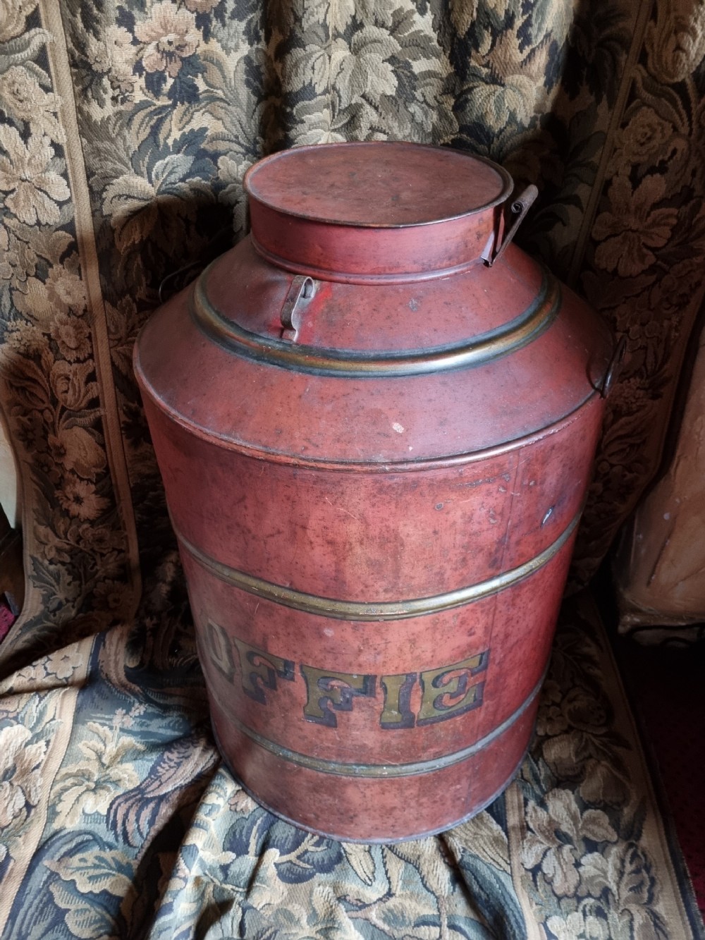 large antique painted coffee canister