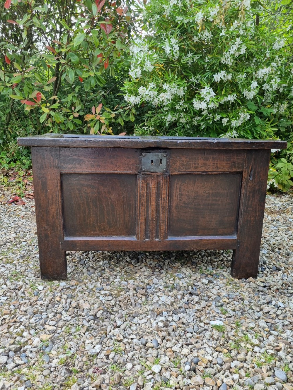 a fine small mid 17thc oak 2 panelled coffer