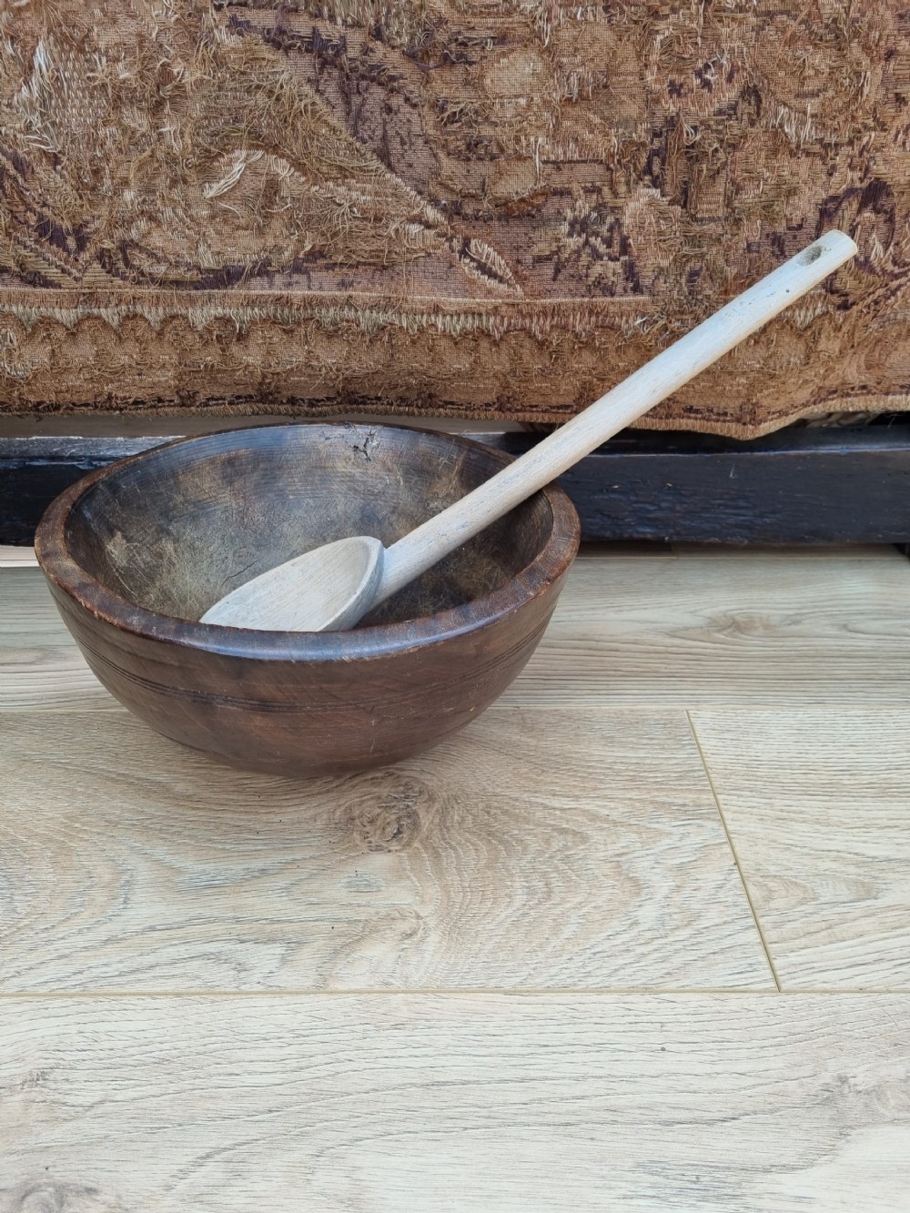a large elm welsh 18thc wooden bowl and large spoon 1 pc