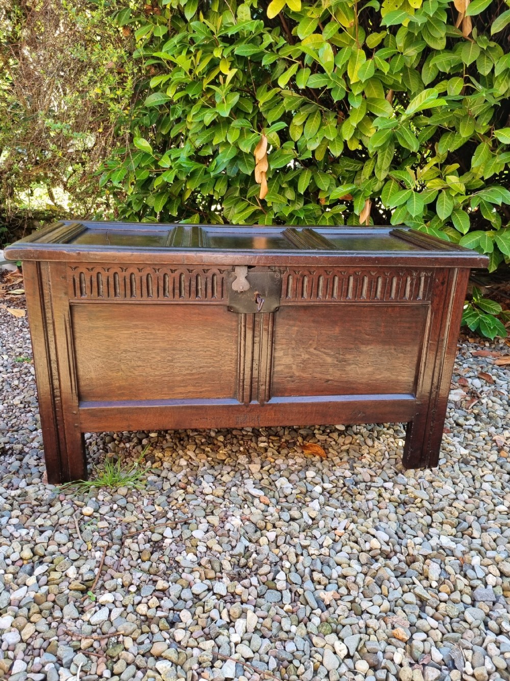 original 17thc panelled lid oak coffer c1660