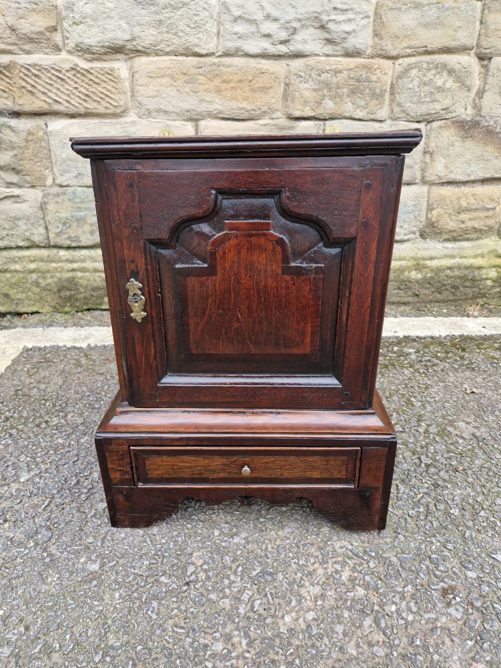 18thc north country small oak and mahogany spice cupboard