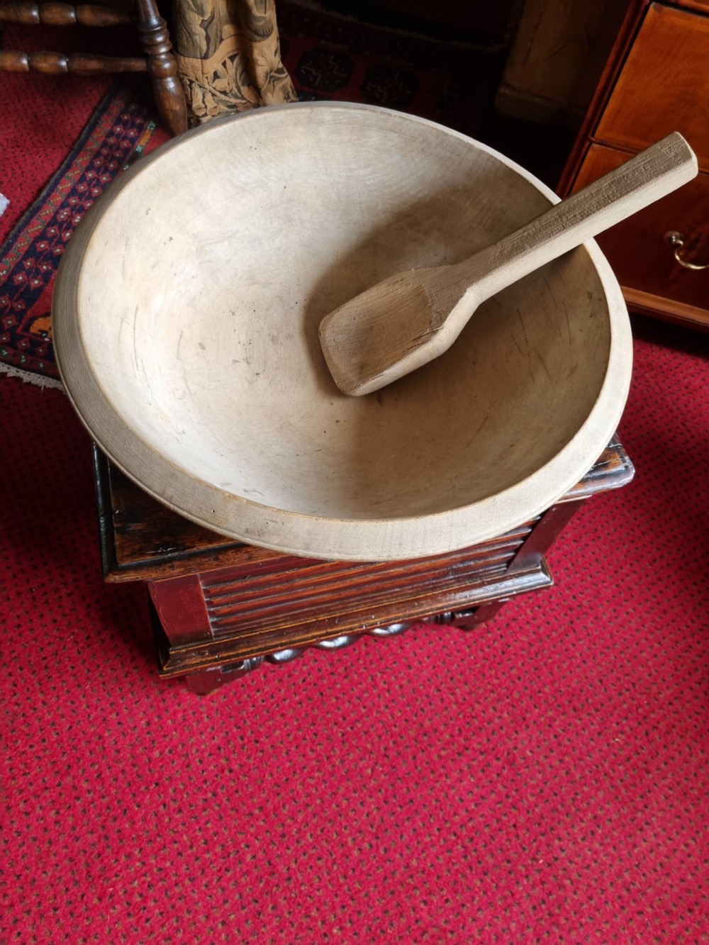 exceptional large 19thc sycamore 18inch dairy bowl and stirrer