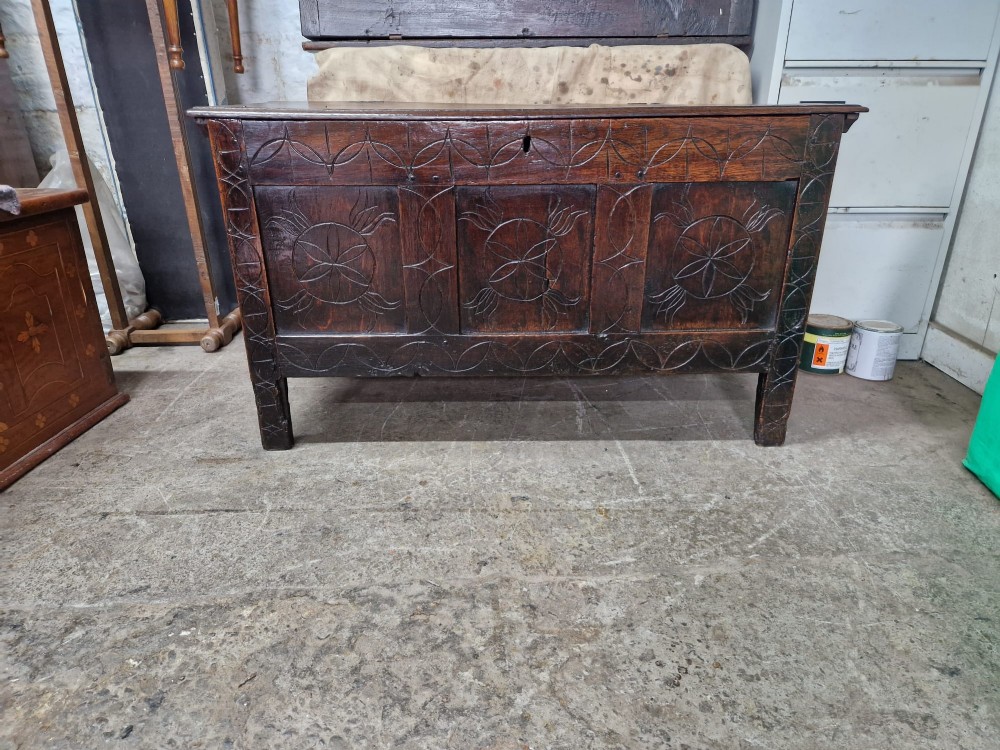 original 17thc scratch carved oakcoffer c1660 west country