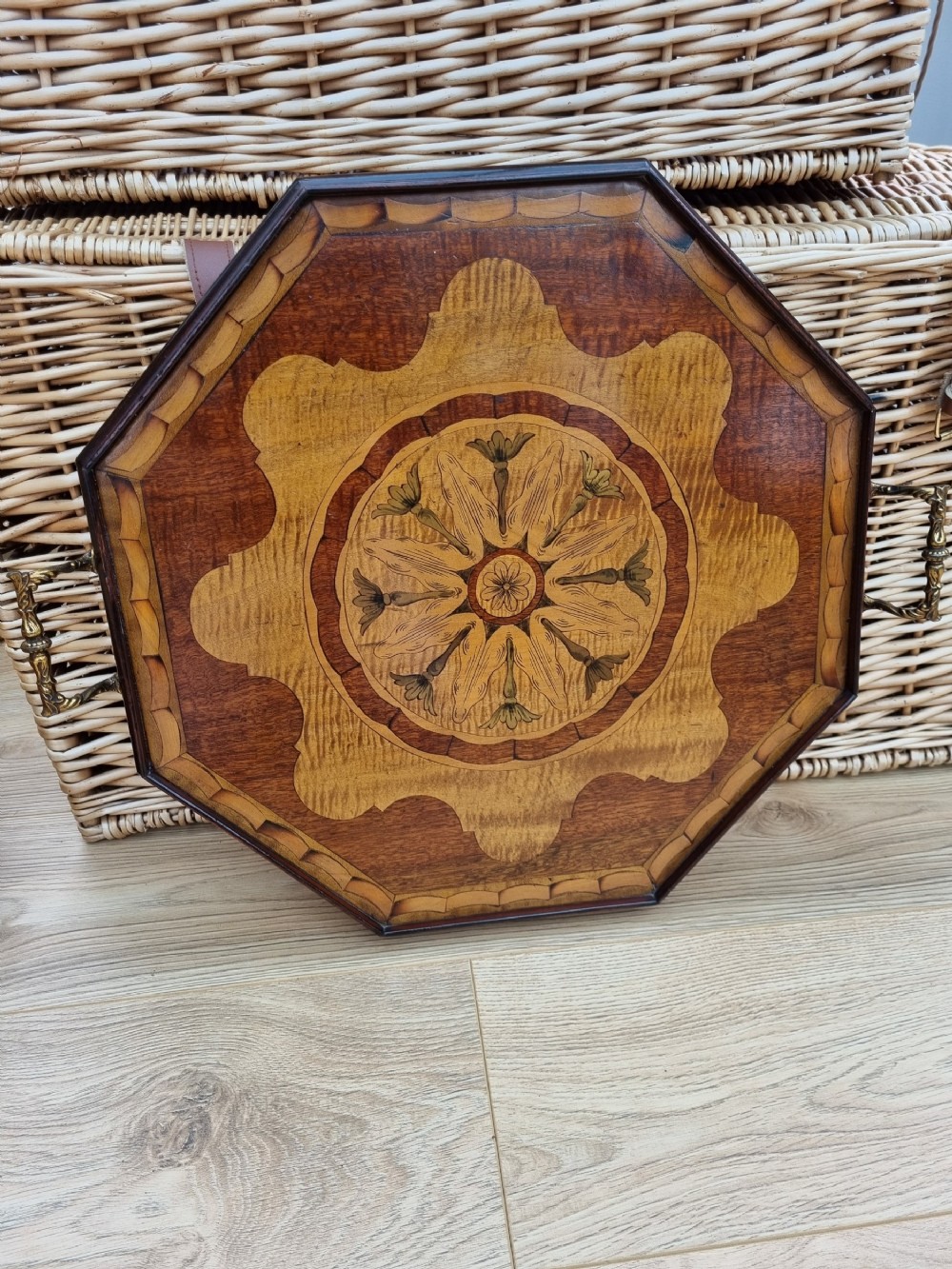 amazing antique inlaid hexagonal mahoganysatinwood tray