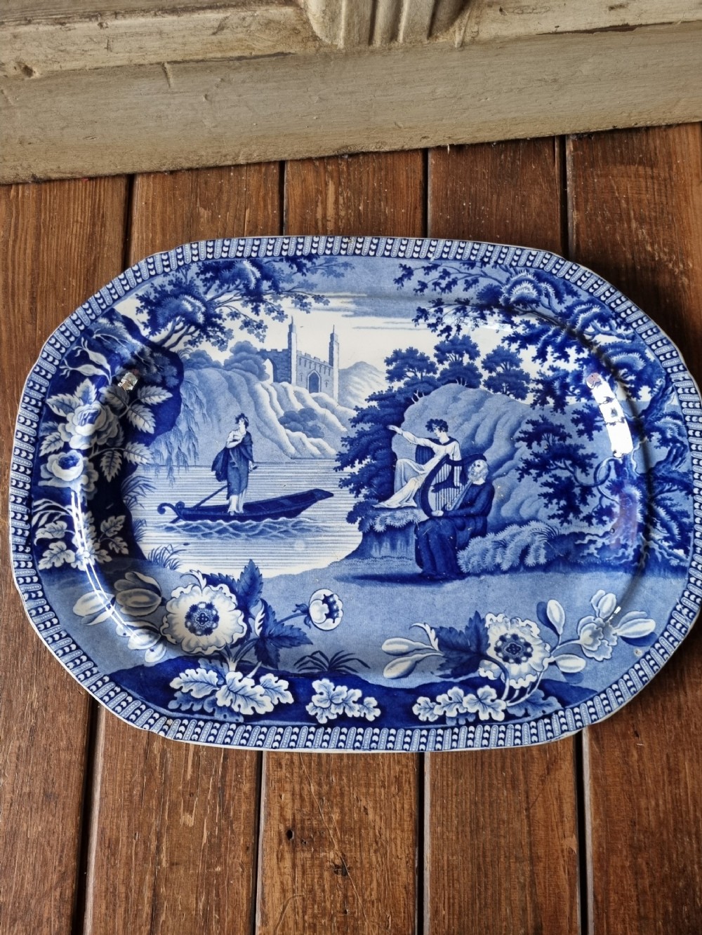 large antique lady on the lake perfect blue and white plate