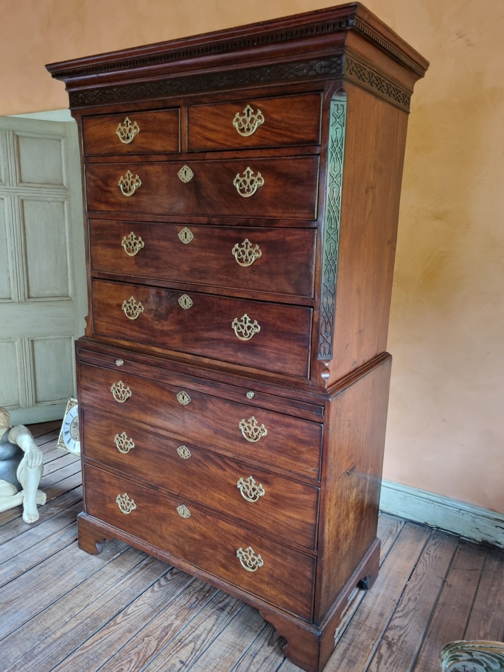 georgian small mahogany chest on chest with hair slide