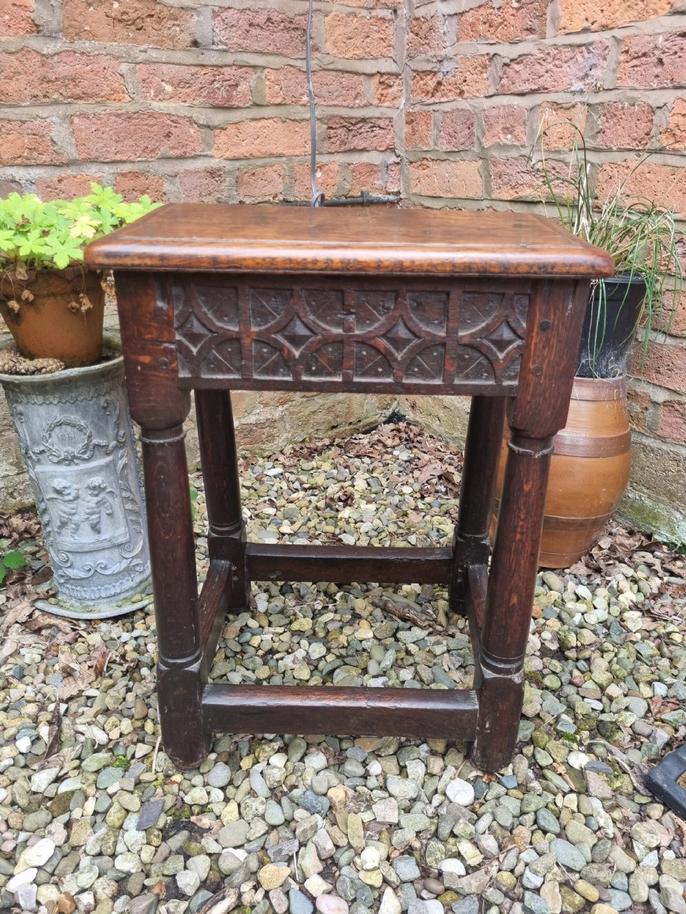 mid 17thc gothic carved tall oak joint stool