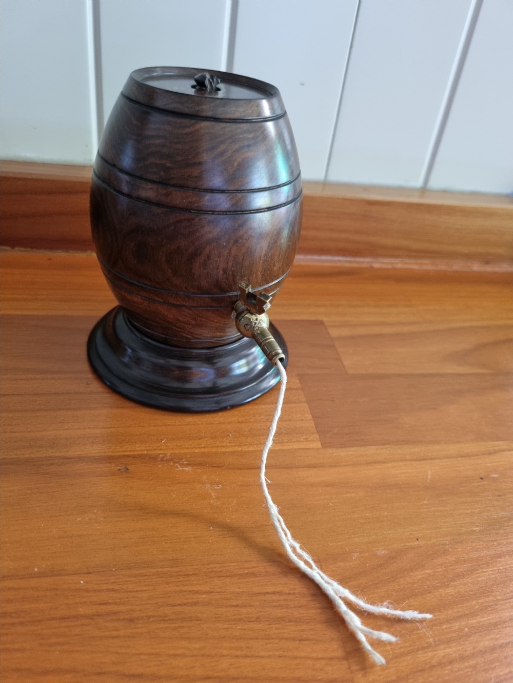 rare l18the19thc lignum vitae string holder in barrel form