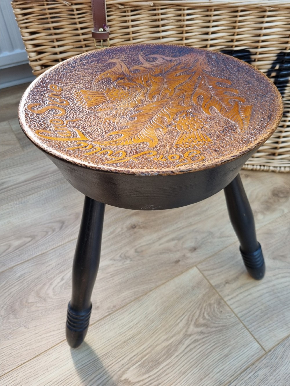 scottish 19thc fireside 3 legged stool profusely scratched carved