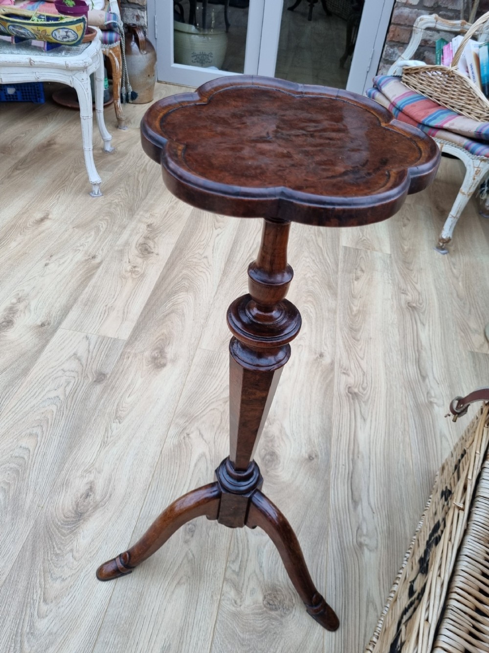 18thc manx burr oakelm candle stand complete with manx shoes