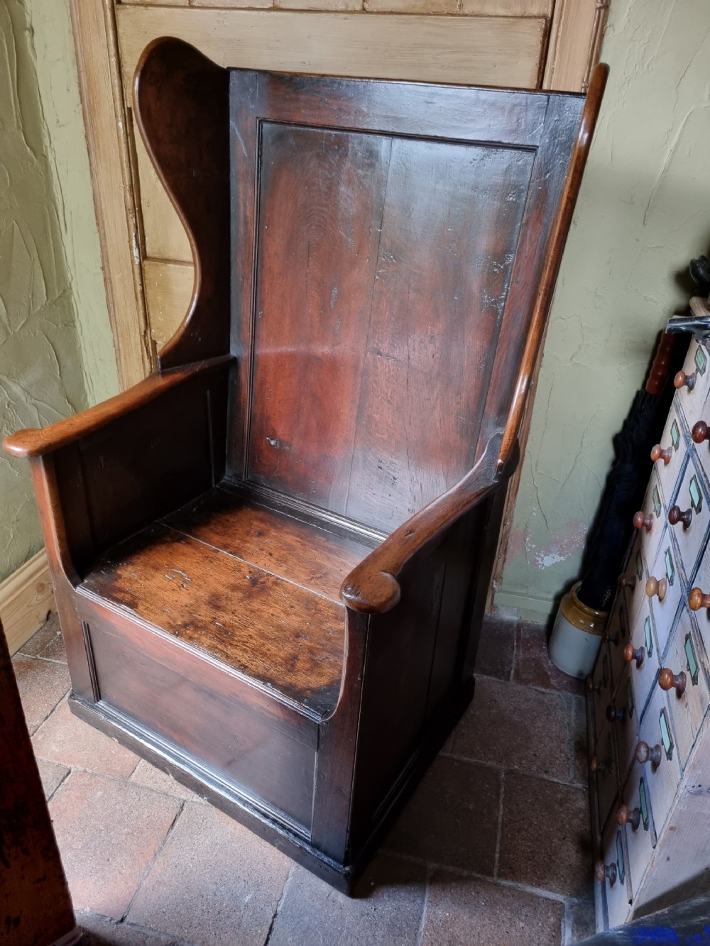 18thc large oak wing lambing armchair with wool drawer