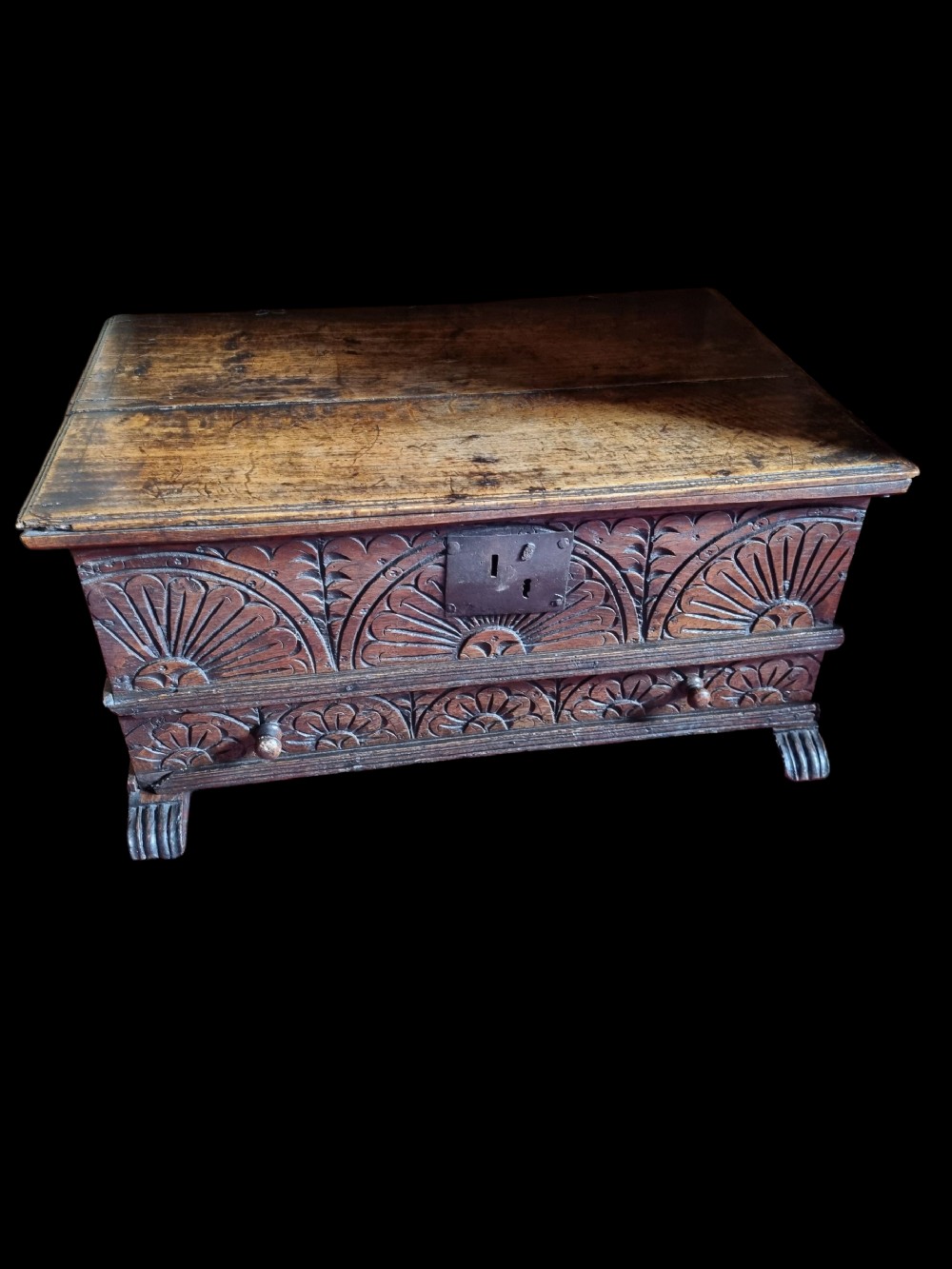 an unusual 17thc original carved oak bible box with drawer
