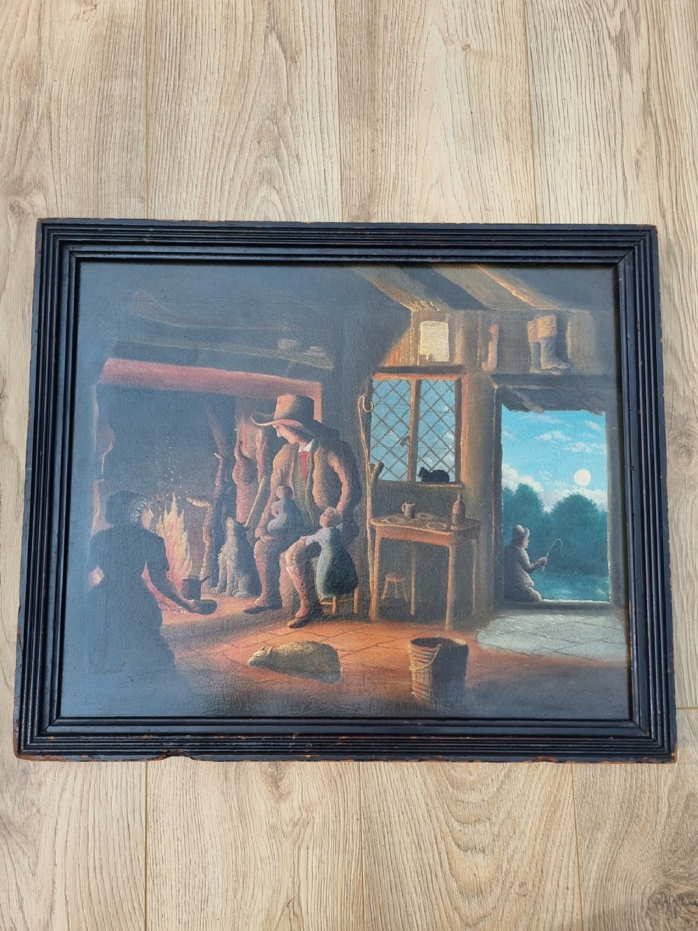 a welsh 19thc oil painting of a farm cottage interior
