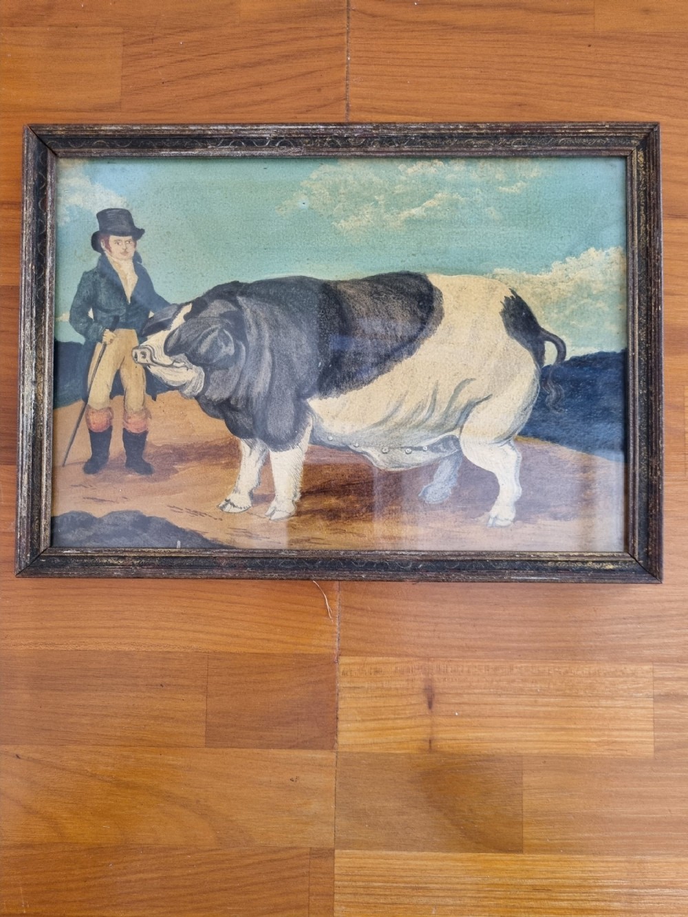 19thc naive oil painting of a prize pig