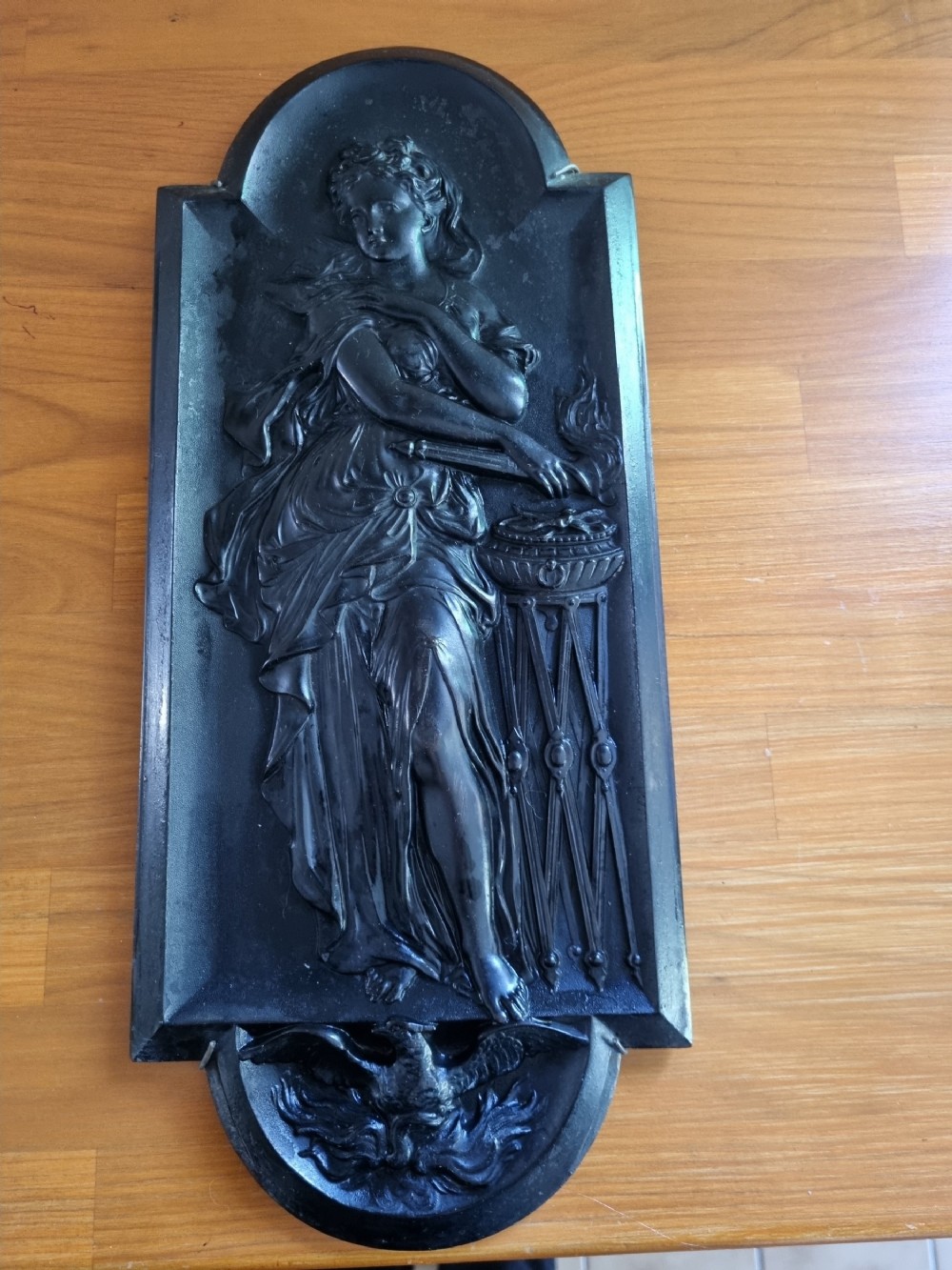 rare 19thc ebonised plaque ofvestafully labelled carlhian corbiere london