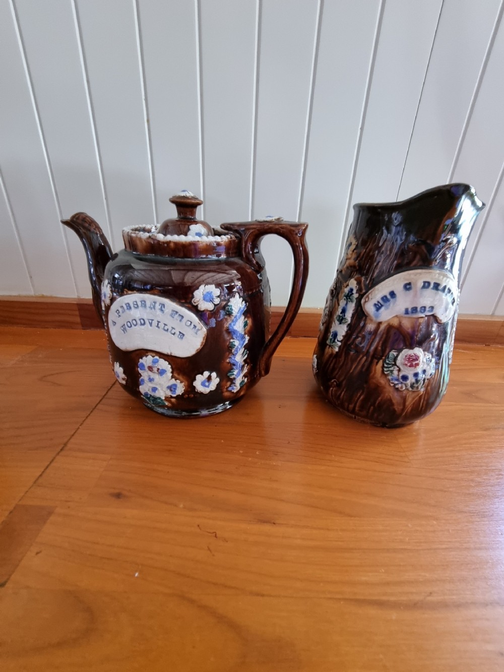2 19thc bargeware pieces teapot and jug