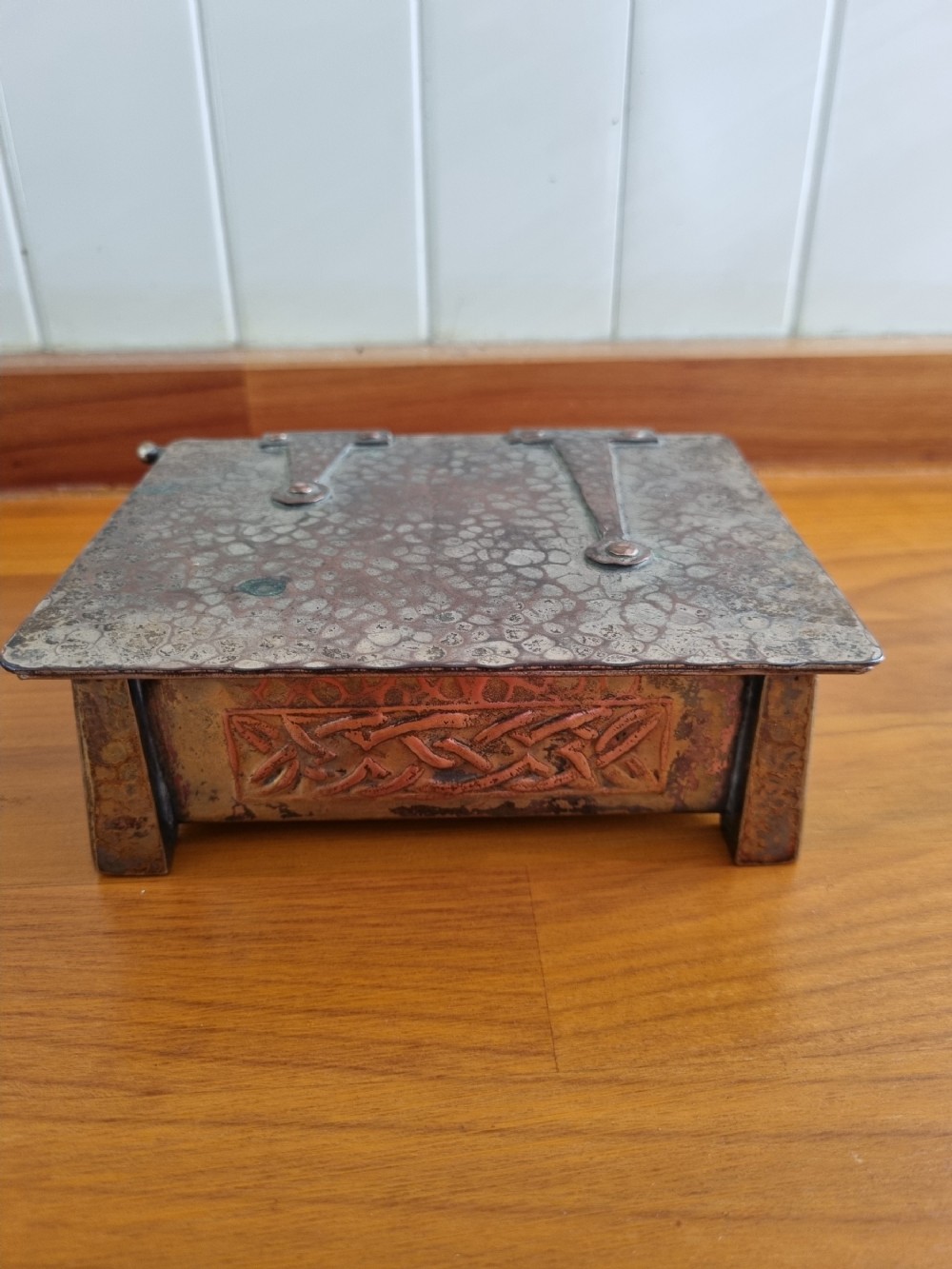 arts and crafts small silvered brass and copper box