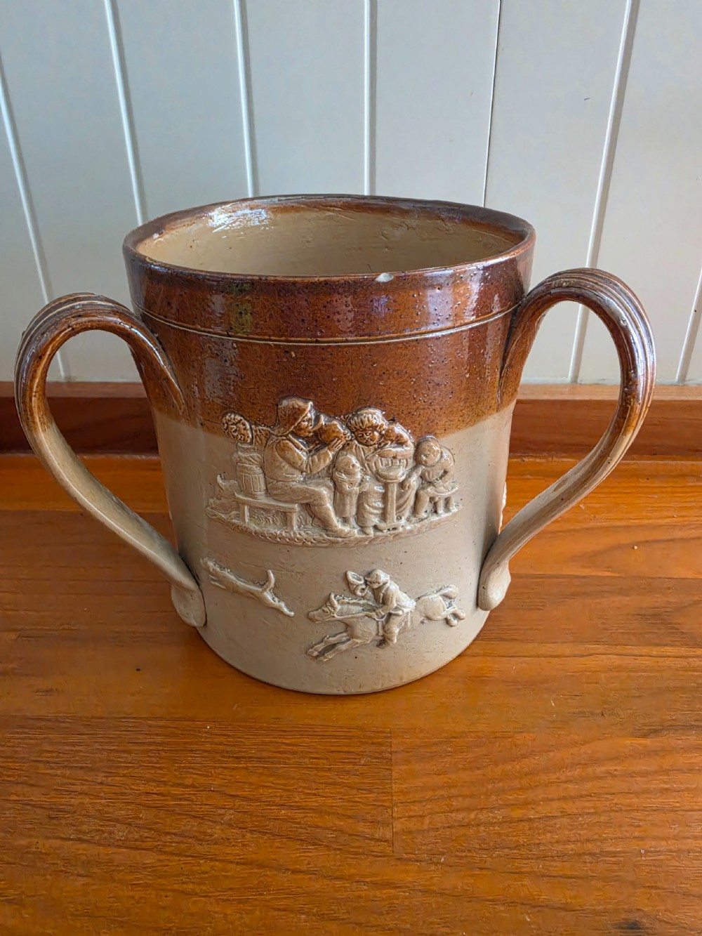 an early 19thc stoneware 3 handled tyg perfect condition