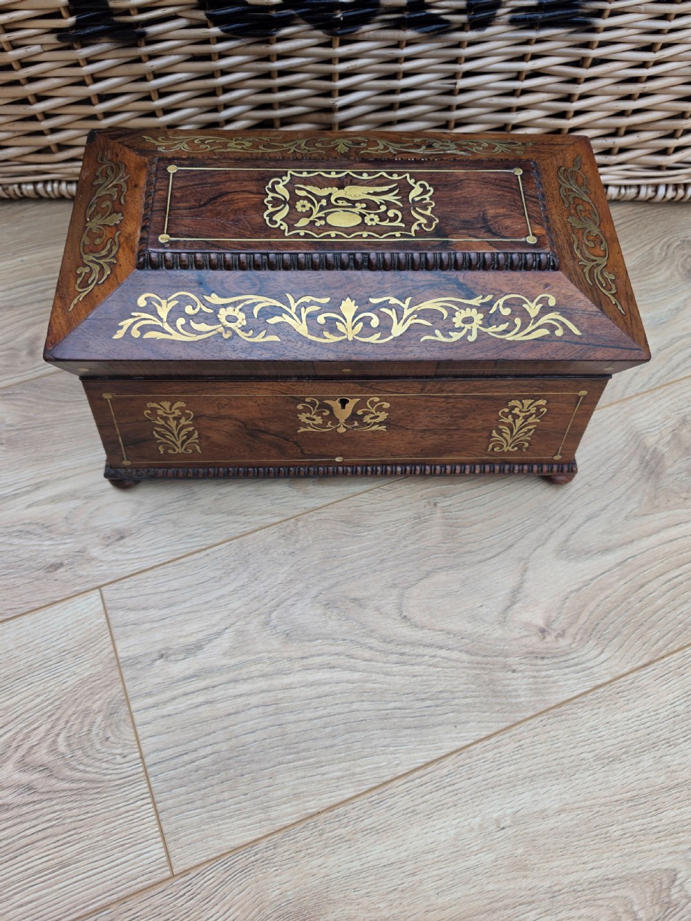 regency brass inlaid rosewood tea caddy c1810