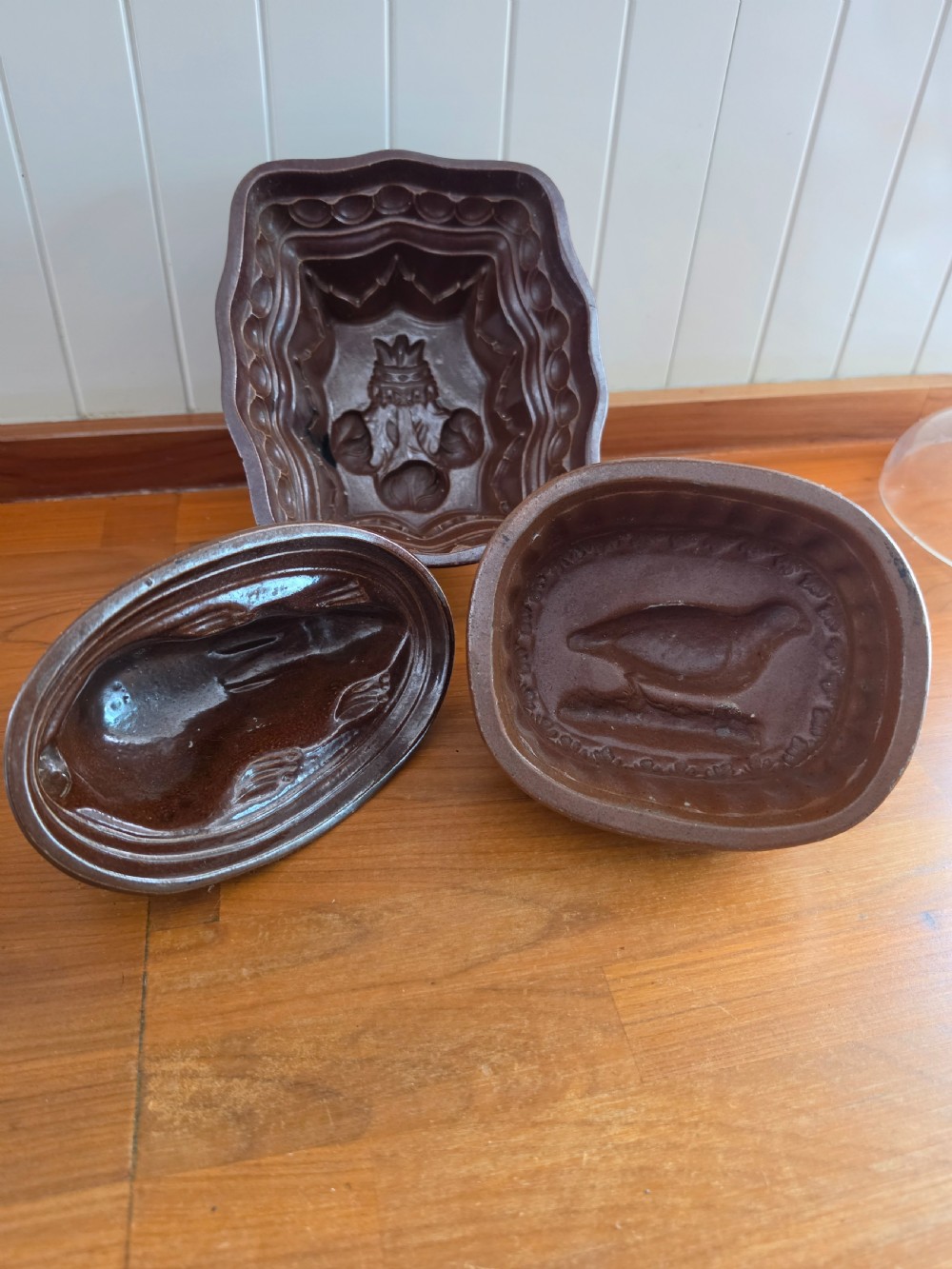 3 decorative 19thc stoneware jelly moulds