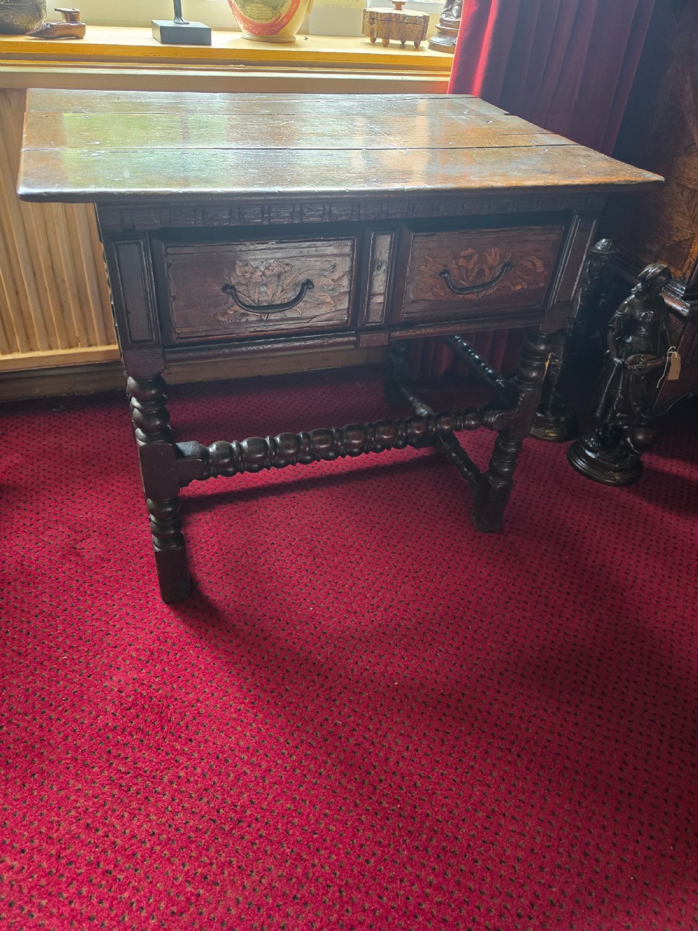 17thc oak and inlaid 2 drawer english side table c1660