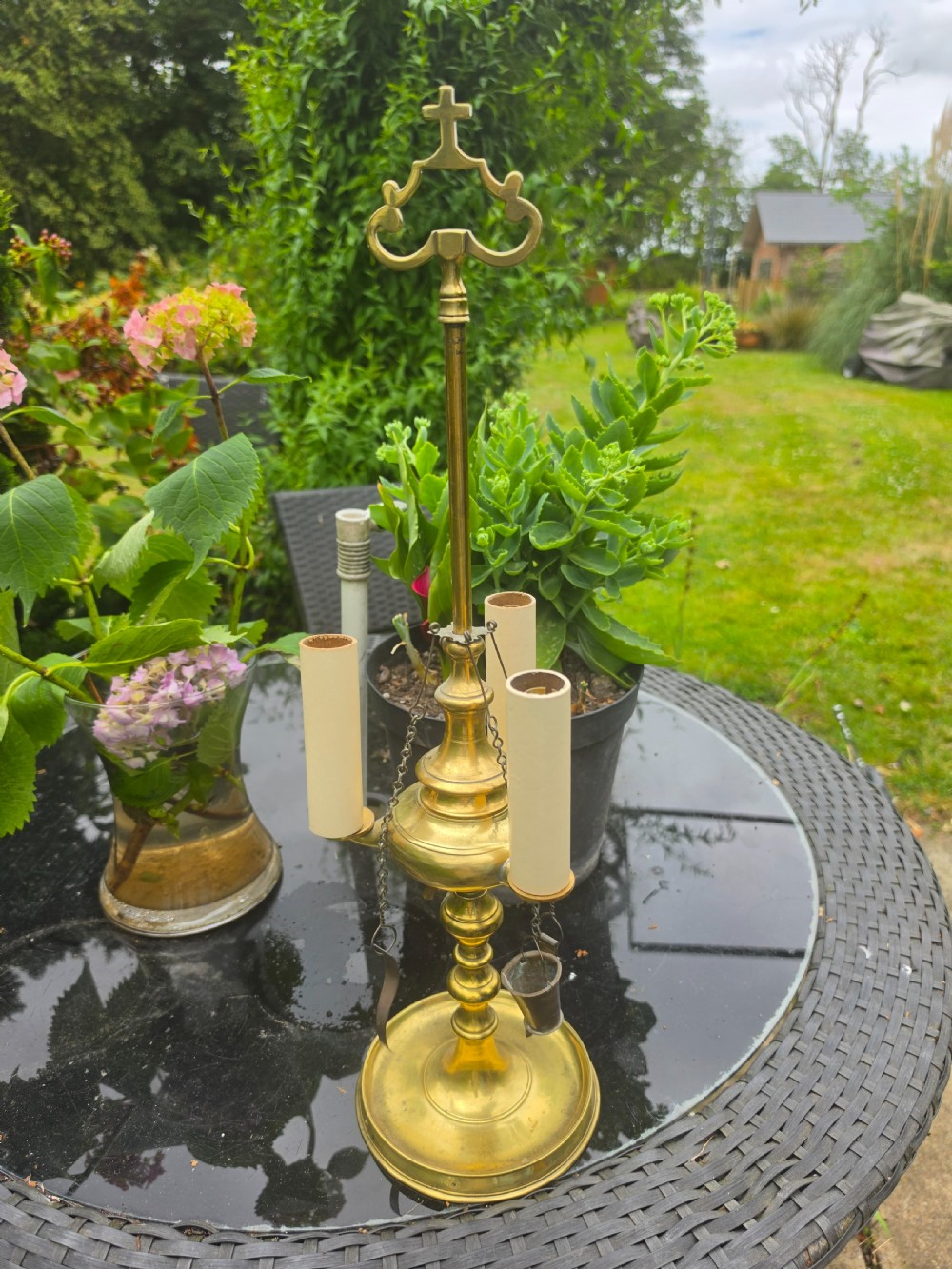 an unusual 19thc brass student s lamp complete with implements