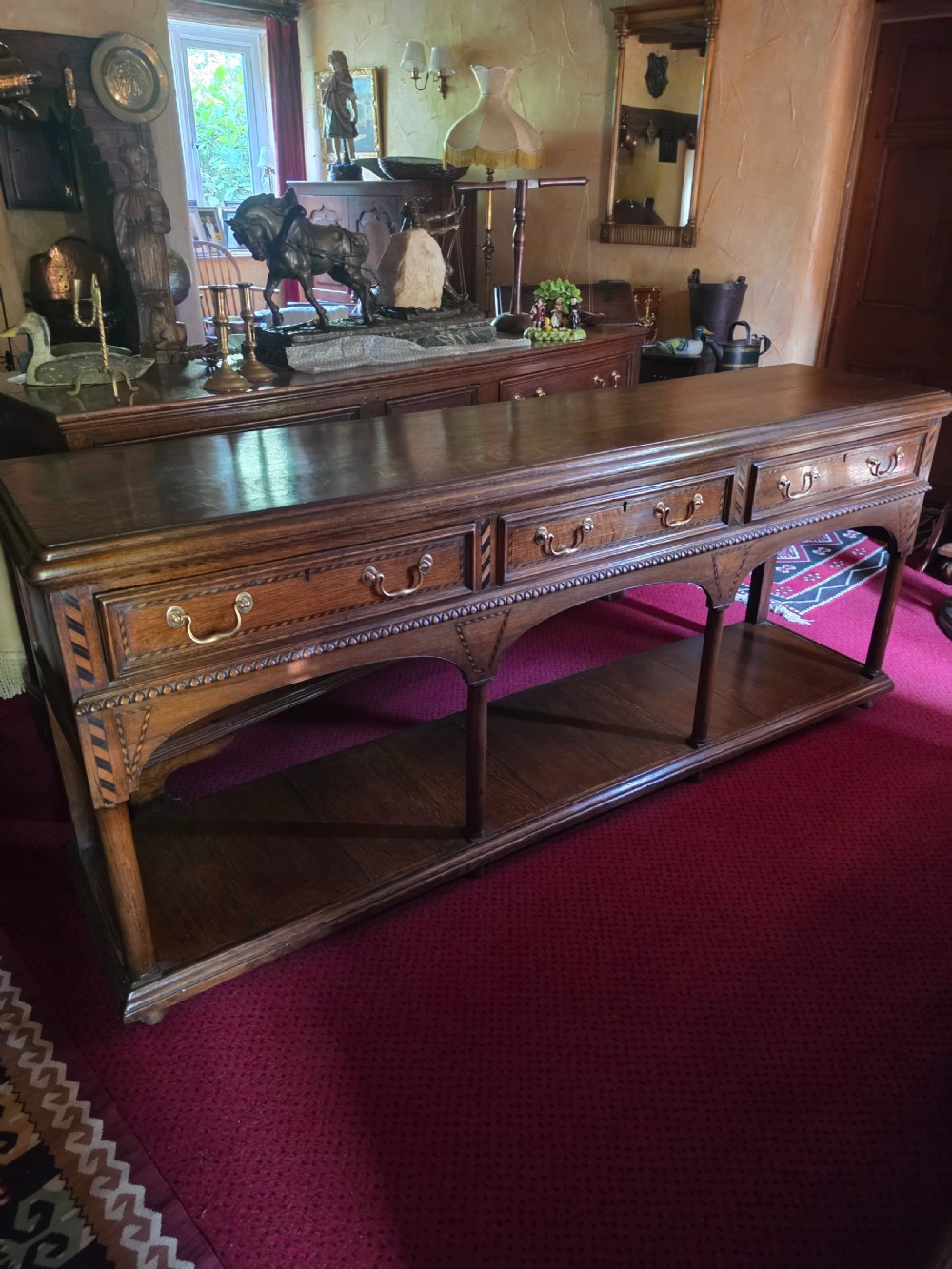 super e 19thc oak inlaid english potboard dresser base